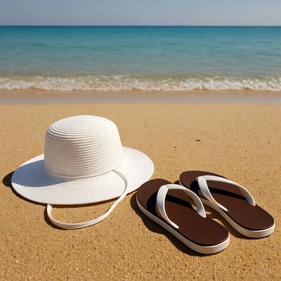White Hat and Flip-Flops on Beach Sand
