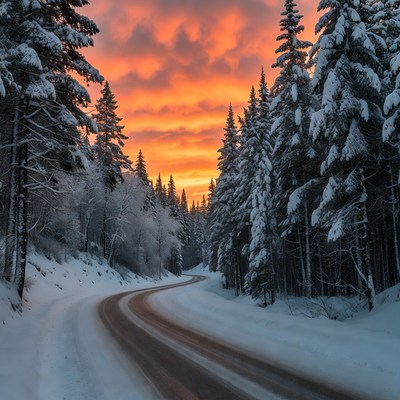 Snowy Forest Road at Sunset