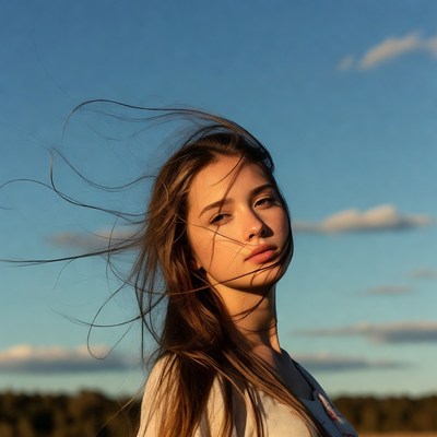 Woman with flowing hair against blue sky