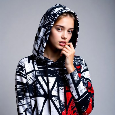 Teen girl in black white hoodie
