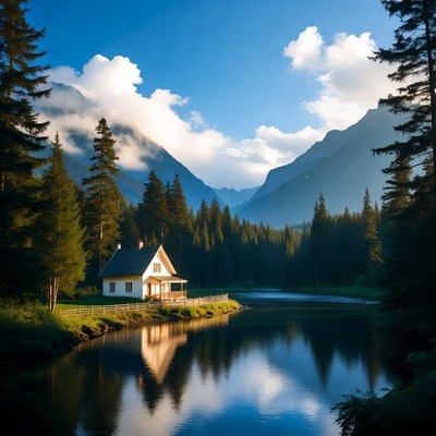 White Cottage by Mountain Lake