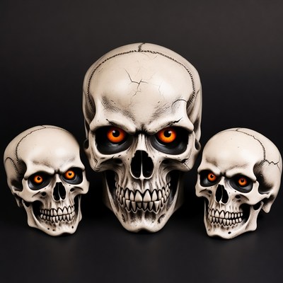 Three Glowing Skulls on Black Background
