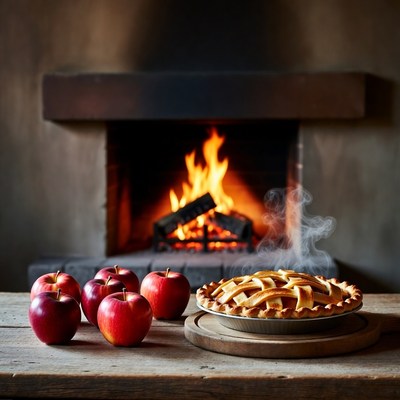 Apple Pie and Apples by Fireplace