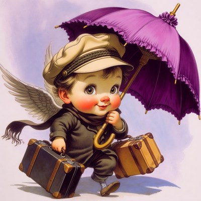 Cute winged boy with umbrella and suitcases
