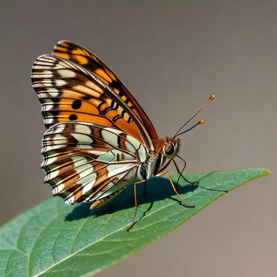 Orange butterfly on green leaf