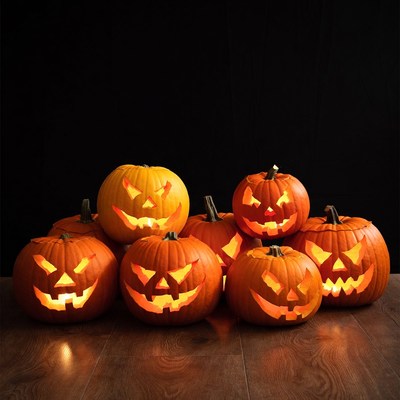 Jack-o'-lanterns on wooden floor