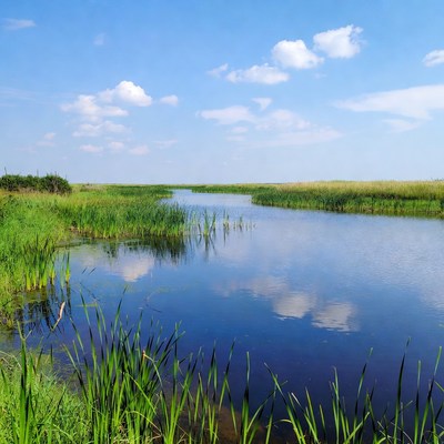 Serene Marsh with Blue Water and Reeds
