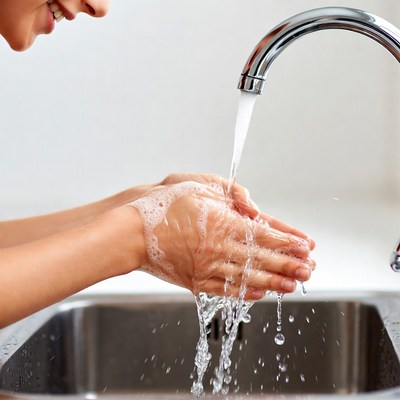 Asian woman washing hands under faucet