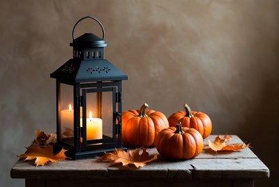 Black Lantern with Pumpkins and Fall Leaves
