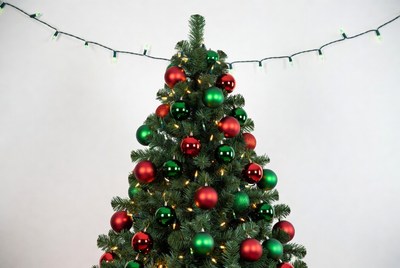 Green Christmas tree with red and green ornaments