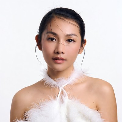 Asian woman in white feather top