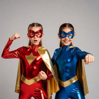 Two girls in red and blue superhero costumes