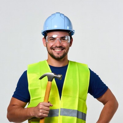 Smiling Latino man in hard hat with hammer