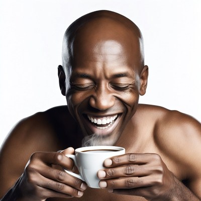 African-American man laughing with coffee
