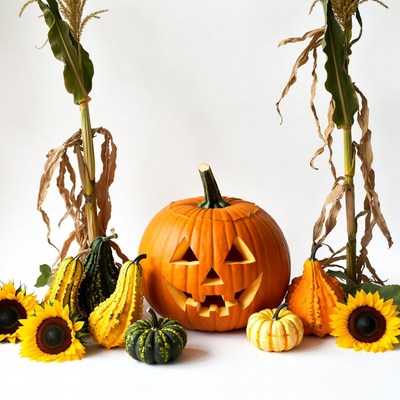 Jack-o'-lantern with cornstalks and pumpkins
