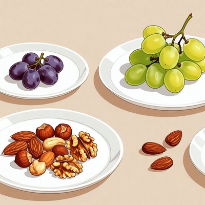 Plates of grapes and nuts