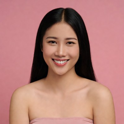 Asian woman smiling on pink background