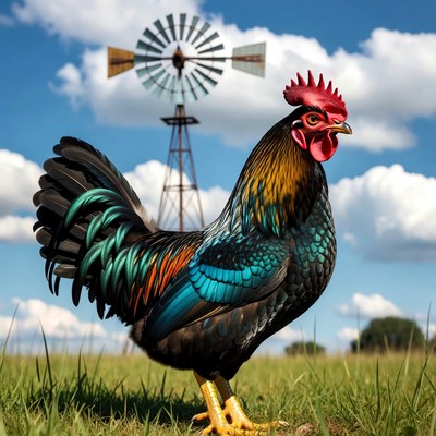 Colorful Rooster in Front of Windmill