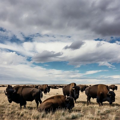 Herd of bison on grassy plain