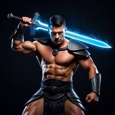 Muscular warrior holding glowing sword