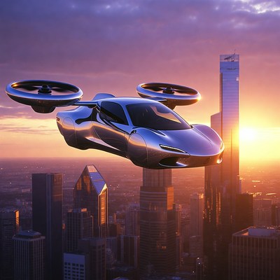 Futuristic Flying Car Over City