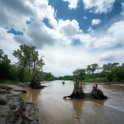 River with dead trees and clouds