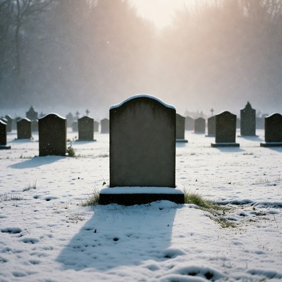 Snowy Cemetery with Gravestones at Sunset