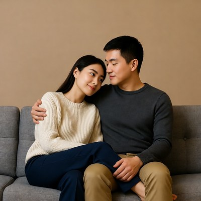Asian couple embracing on couch