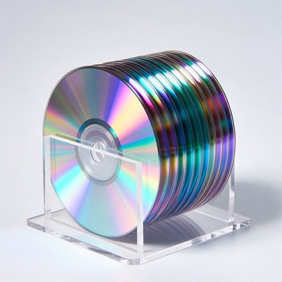 Stack of colorful CDs in clear holder