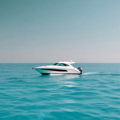 White speedboat cruising turquoise ocean