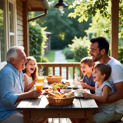 Family Enjoying Breakfast on Porch
