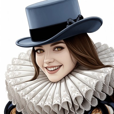 Woman in blue top hat and ruff collar