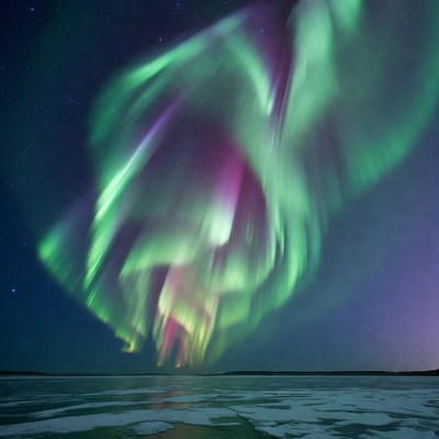 Vibrant Aurora Borealis over Frozen Lake