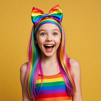 Girl with rainbow hair and bow