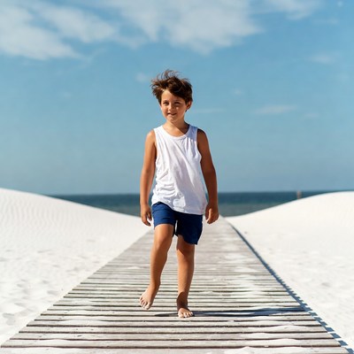 Boy walking barefoot on beach boardwalk