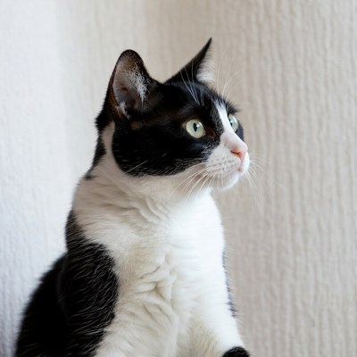 Black and white cat with green eyes