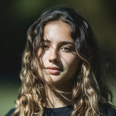 Young woman with wavy hair in forest