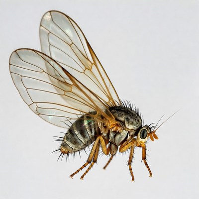 Closeup of winged fly on white background
