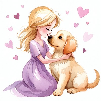 Girl hugging golden retriever puppy