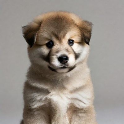 Cute fluffy puppy on gray background