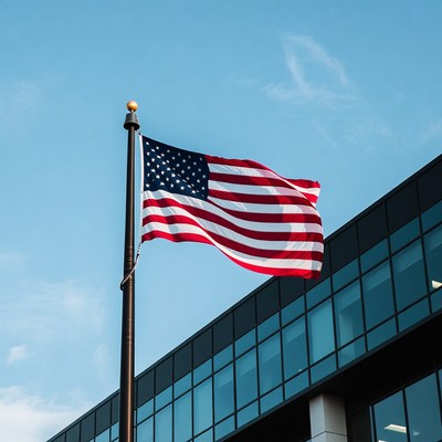 American Flag Waving Against Blue Sky