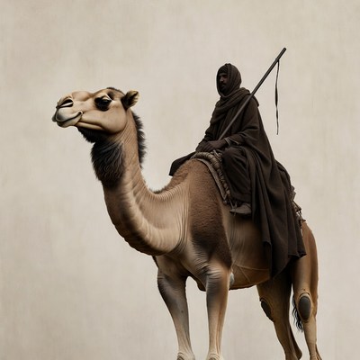 Man riding camel with staff