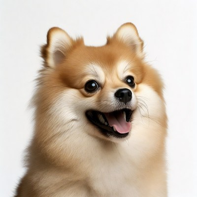 Smiling Pomeranian dog on white background