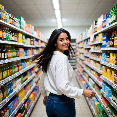 Smiling woman in supermarket aisle
