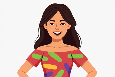 Smiling Asian woman in colorful off-shoulder top