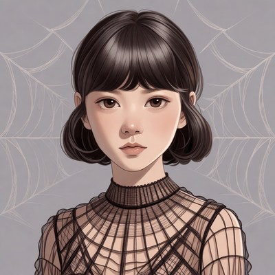 Asian girl in lace dress with spider web