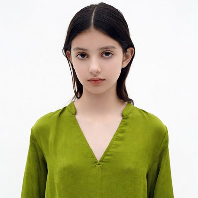 Teen girl in green V-neck dress