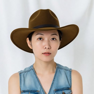 Asian woman wearing brown cowboy hat