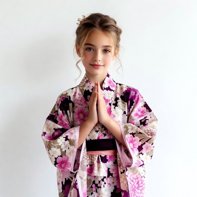 Girl in pink kimono praying