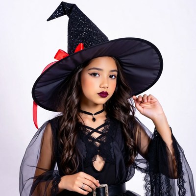 Young girl in black witch costume